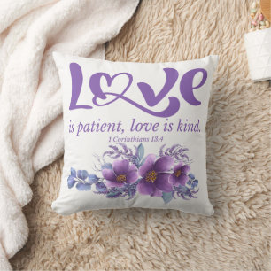 Almofada 1 Corinthians 13:4 O amor é Patient Purple Floral