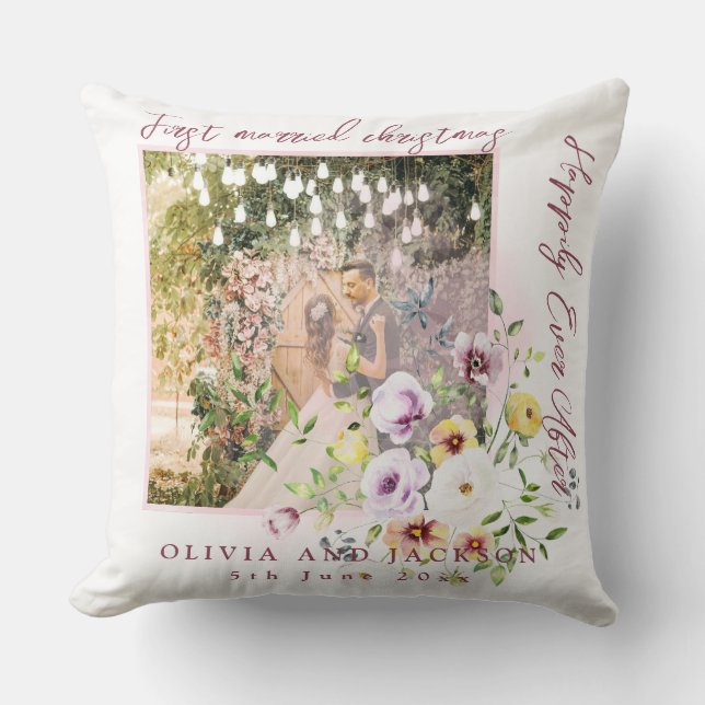 Almofada 1 Foto Newlyweds 1 rua Casada Texto Rosa De Natal (Frente)