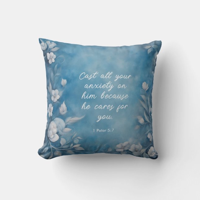 Almofada 1 Peter 5:7 “Cast All Your Anxiety” Blue Floral (Frente)