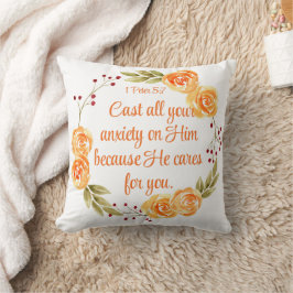 Almofada 1 Peter 5:7 Escritura de Bíblia Floral Laranja