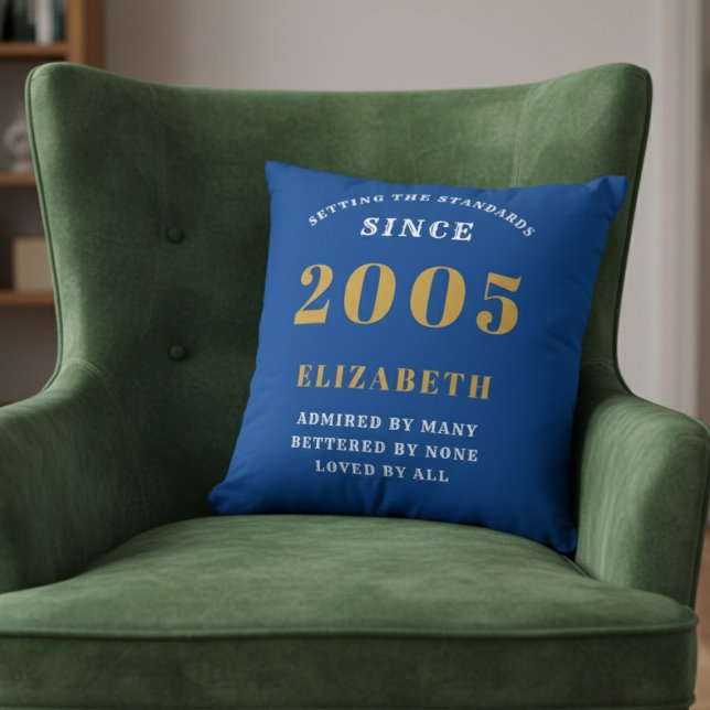 Almofada 21st Birthday 2005 Add Name Blue Gold Personalized (Blue 2005 throw pillow on a green velvet chair.)