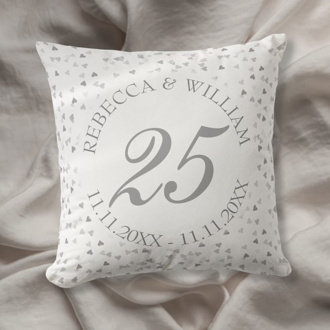 Almofada 25 Casamento Aniversário Silver Hearts Confetti (25th Wedding Anniversary Silver Hearts Confetti Throw Pillow)