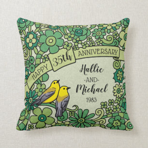 Almofada 35o aniversário personalizado, pássaros florais 