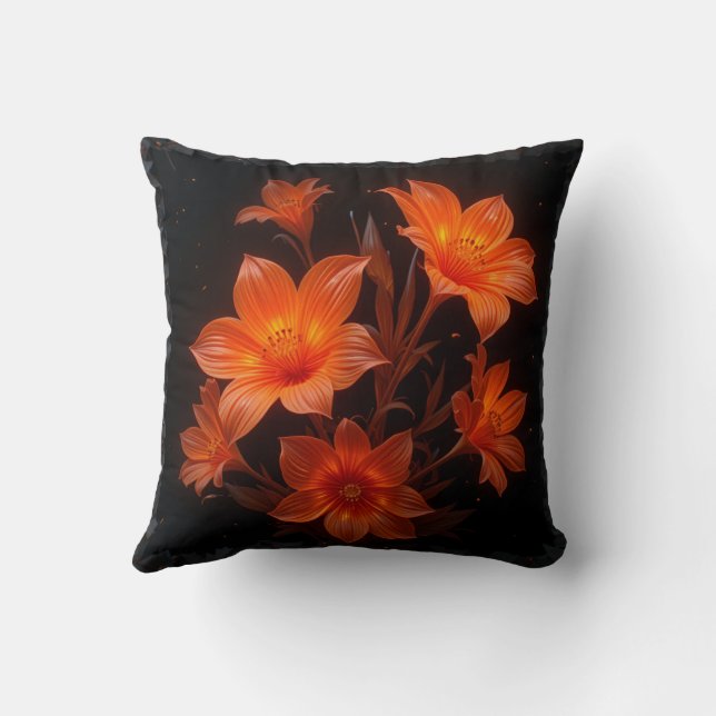 Almofada 3d neon queimou flores laranja em fundo preto (Verso)