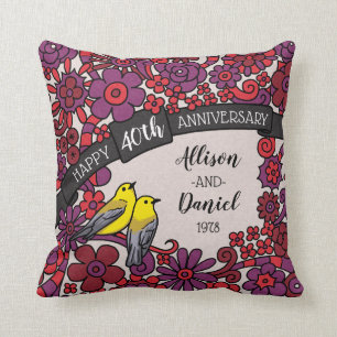 Almofada 40th aniversário personalizado, pássaros florais