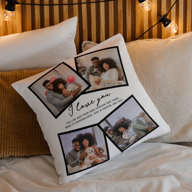 Almofada 4 Foto personalizada e Modelo de texto (4 Photo Personalized and Text Template Throw Pillow by Ricaso. Make your own, upload photographs)