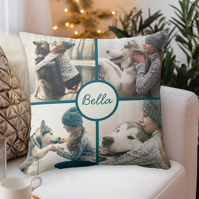 Almofada 4 Photo Pet Dog Personalizado com Nome (Personalize with your dog's name and 4 photos.)