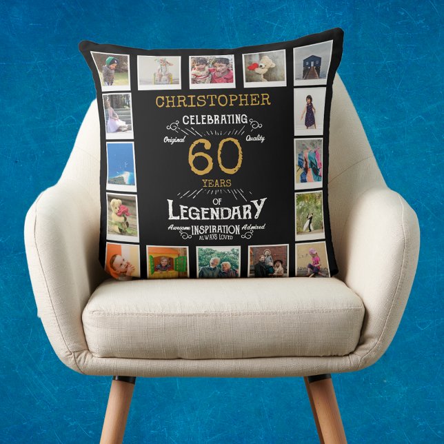 Almofada 60º aniversário Colagem de Fotos Dourada Preta (Personalized 60th birthday gift throw pillow with 16 photos of your choice)