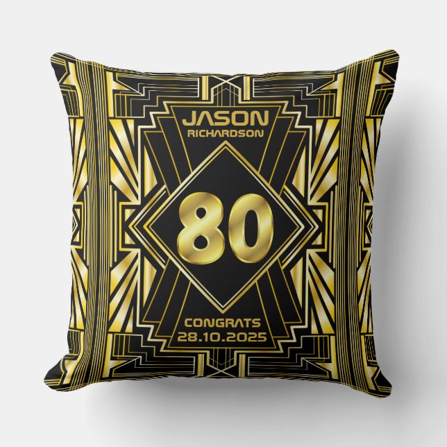 Almofada 80 Aniversário Art Deco Dourado Excelente Negro Ga (Frente)
