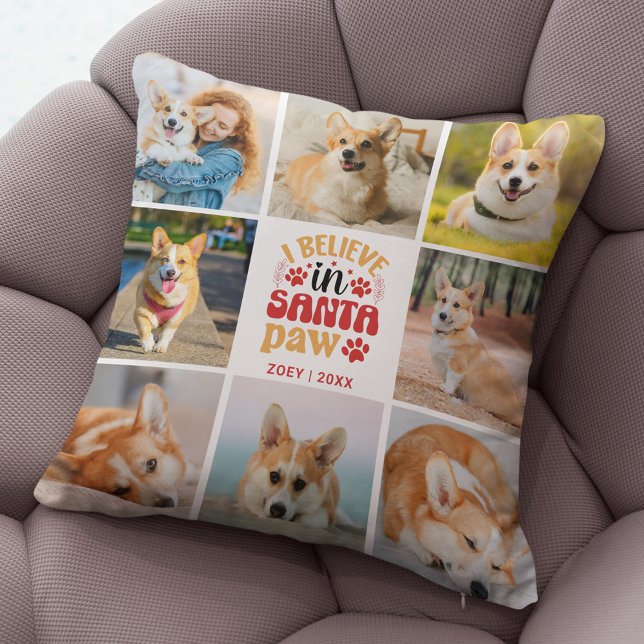 Almofada 8 Colagem Fotográfica Acredito Em Nome E Data Da P (8 Photo Collage Dog I Believe In Santa Paws Throw Pillow)