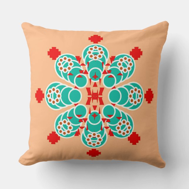 Almofada 8 pontos Mandala - turquesa e pêssego (Frente)