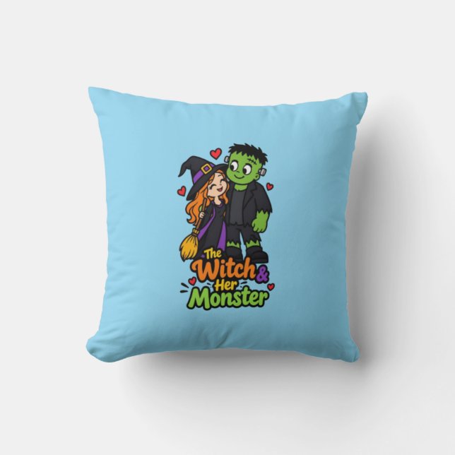 Almofada A Bruxa e Seu Monstro Casal Bonito de Halloween T- (Frente)