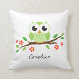 Almofada A coruja verde bonito no ramo floral personalizou