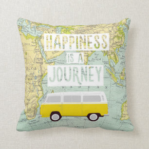 Almofada A felicidade é uma viagem, carro, mapa do mundo