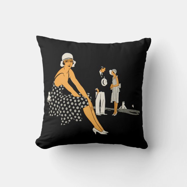 Almofada A mulher do art deco calça o preto das bolinhas (Frente)