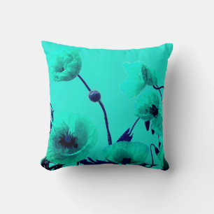 Almofada A papoila floral azul de turquesa da aguarela