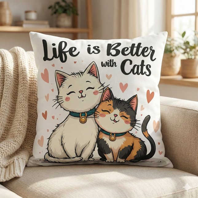 Almofada A vida é melhor com a estética gata-gata (Life is Better with Cats Cute Cat Aesthetic White Throw Pillow Mockup A.)