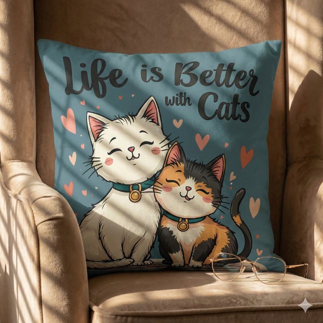 Almofada A vida é melhor com gatos Estética de gato fofo, A (Life is Better with Cats Cute Cat Aesthetic, Blue Throw Pillow Mockup B)