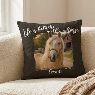 Almofada A Vida É Melhor Com Um Cavalo Preto Personalizado