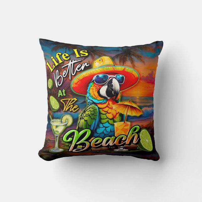 Almofada A Vida É Melhor No Papagaio Tropical De Praia (Frente)