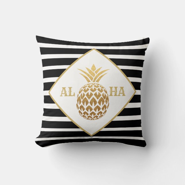 Almofada Abacaxi Dourado Preto Branco Aloha Tropical (Frente)