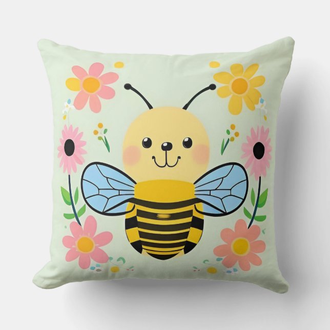 Almofada Abeja de desenho animado fofa rodeada por flores c (Frente)
