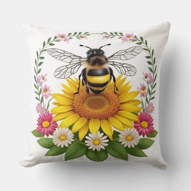 Almofada Abeja de Desenho Animado Fofo Rodeada por Flores C (Frente)