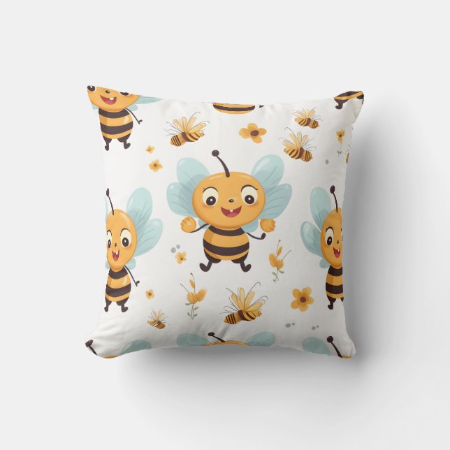 Almofada Abelhas voadoras felizes com listras amarelas e pr (Frente)