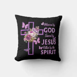 Almofada Abençoado por Deus Salvo pela Cruz Floral Purple d