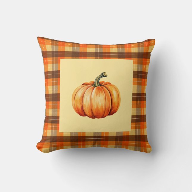 Almofada Abóbora com Farmhouse Xadrez Laranja Cozy Queda (Frente)