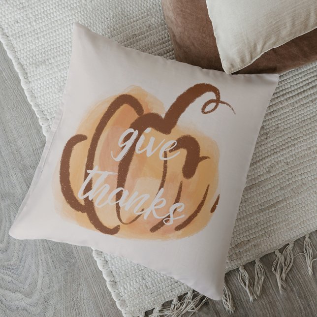 Almofada Abóbora de Agradecimento de Ação de Graças em Aqua (Give Thanks Fall Watercolor Pumpkin Thanksgiving Throw Pillow)