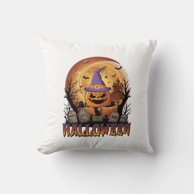 Almofada Abóbora de Halloween Bruxa Chapéu Gato Preto Lua C (Frente)