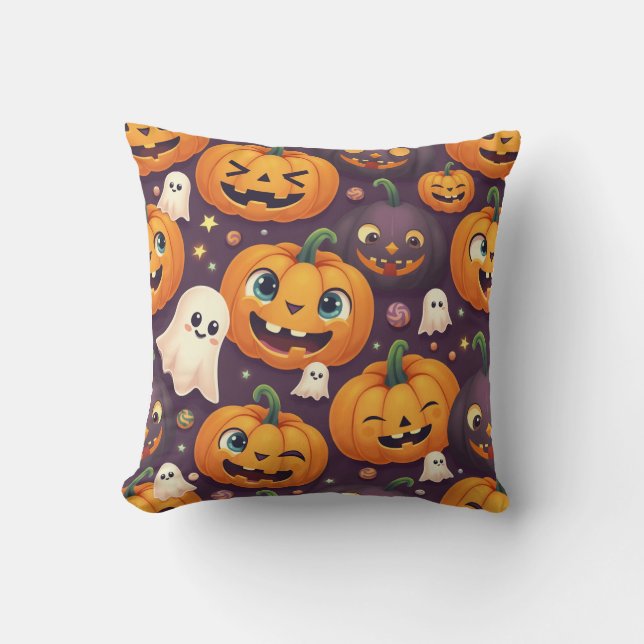 Almofada Abóbora de Halloween e amigos fantasmas bonitos (Frente)