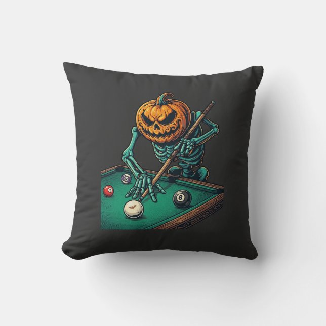Almofada Abóbora de Halloween Esqueleto Jogando Bilhar (Frente)