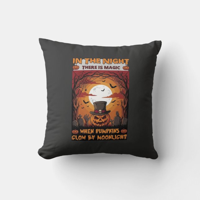 Almofada Abóbora de Halloween Noturna Chapéu Altos Morcegos (Frente)