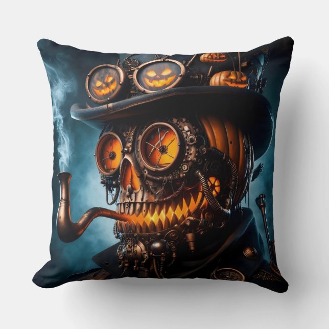 Almofada Abóbora de Halloween Steampunk Gótico (Frente)