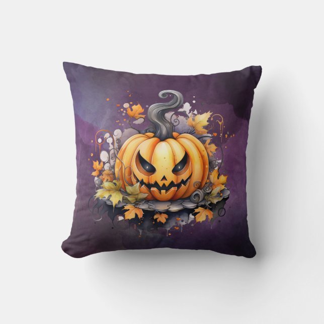 Almofada Abóbora sinistra em aquarela roxa de Halloween (Frente)