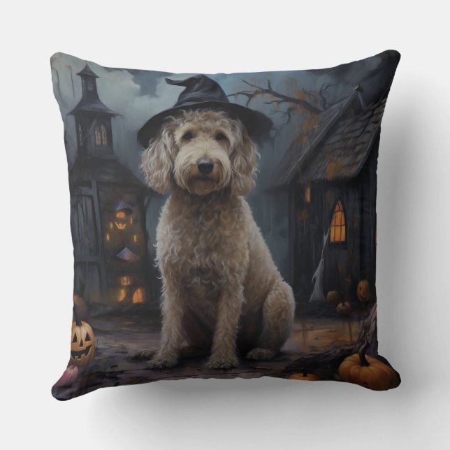 Almofada Abóboras Assustadoras de Halloween do Goldendoodle (Verso)