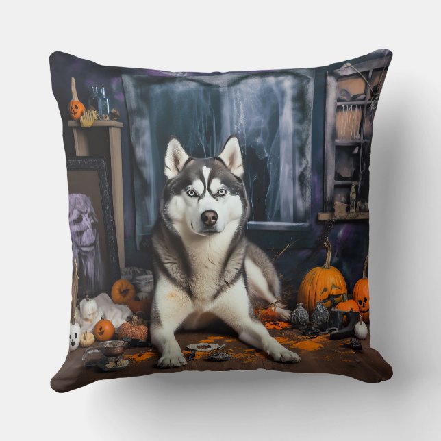 Almofada Abóboras Cão Siberiano Husky Dia das Bruxas Assust (Verso)