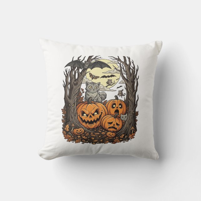 Almofada Abóboras de Halloween Gato Cinza Morcego Lua Cheia (Frente)