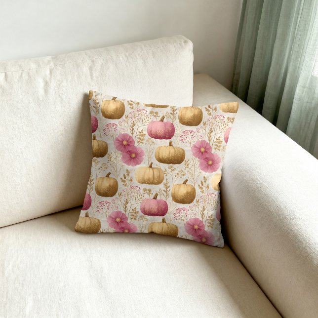 Almofada Abóboras Douradas e Rosadas Design de Outono (Criador carregado)