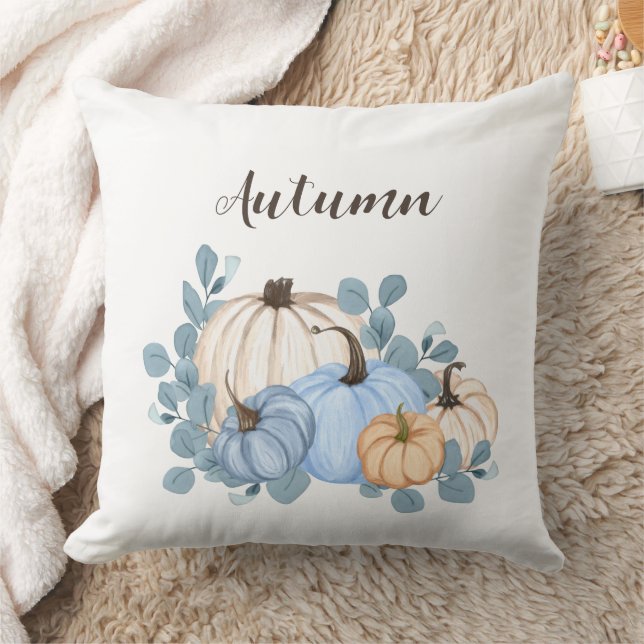 Almofada Abóboras em Aquarela Azul e Laranja Outono (Cobertor)