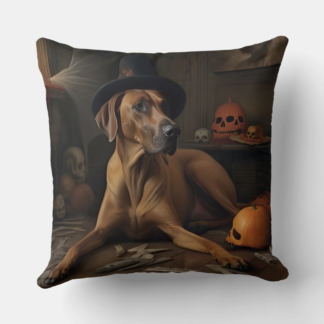 Almofada Abóboras Ridgeback da Rodésia Halloween Assustador (Verso)