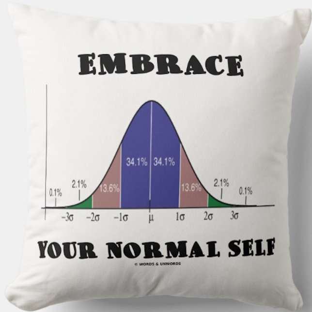 Almofada Abraça o Humor da Curva de Autocelular Normal (Throw pillow featuring bell curve attitude with stats humor advice to "Embrace Your Normal Self")