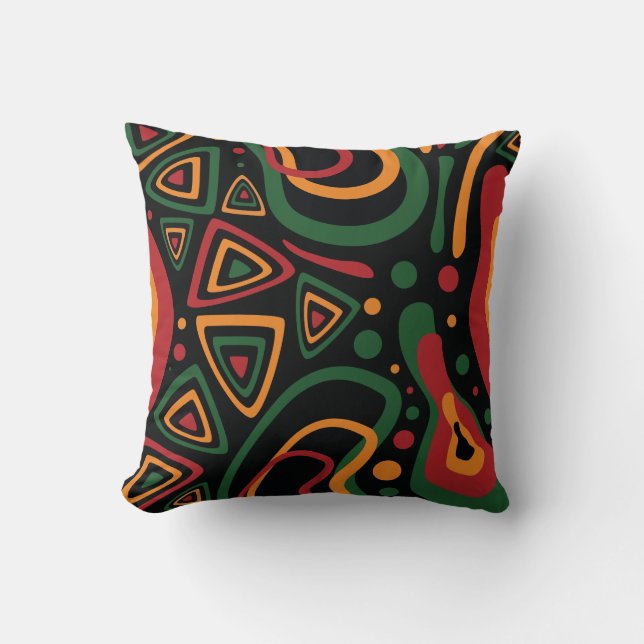 Almofada Abstract Tribal Shapes Pattern in Red, Gold, Green (Frente)