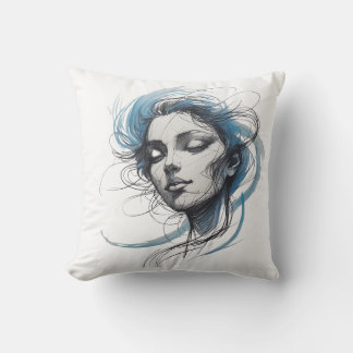 Almofada Abstract Wind Flowing Face – Blue Line Art Pillow
