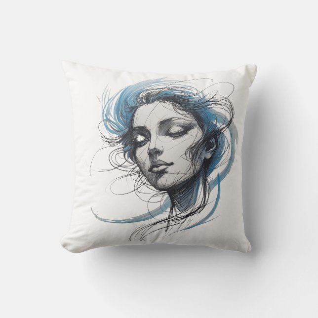 Almofada Abstract Wind Flowing Face – Blue Line Art Pillow (Frente)
