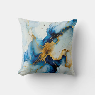 Almofada Abstrata de Tinta Álcool Azul e Dourado M
