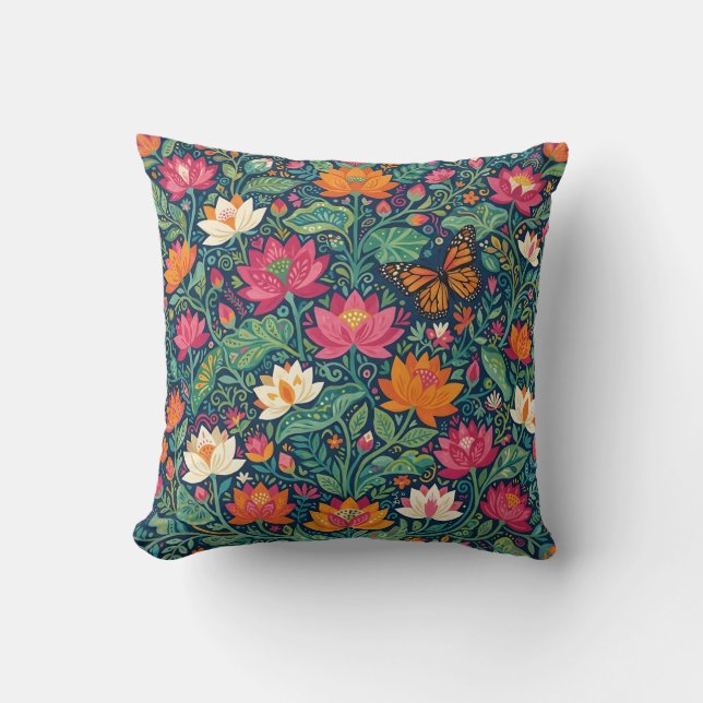 Almofada Abstrata Mexicana com Lótus e Borboleta (Frente)