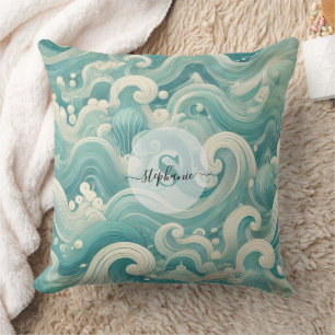 Almofada Abstrato Aqua Blue & White Wave - Arte Fluida Mode
